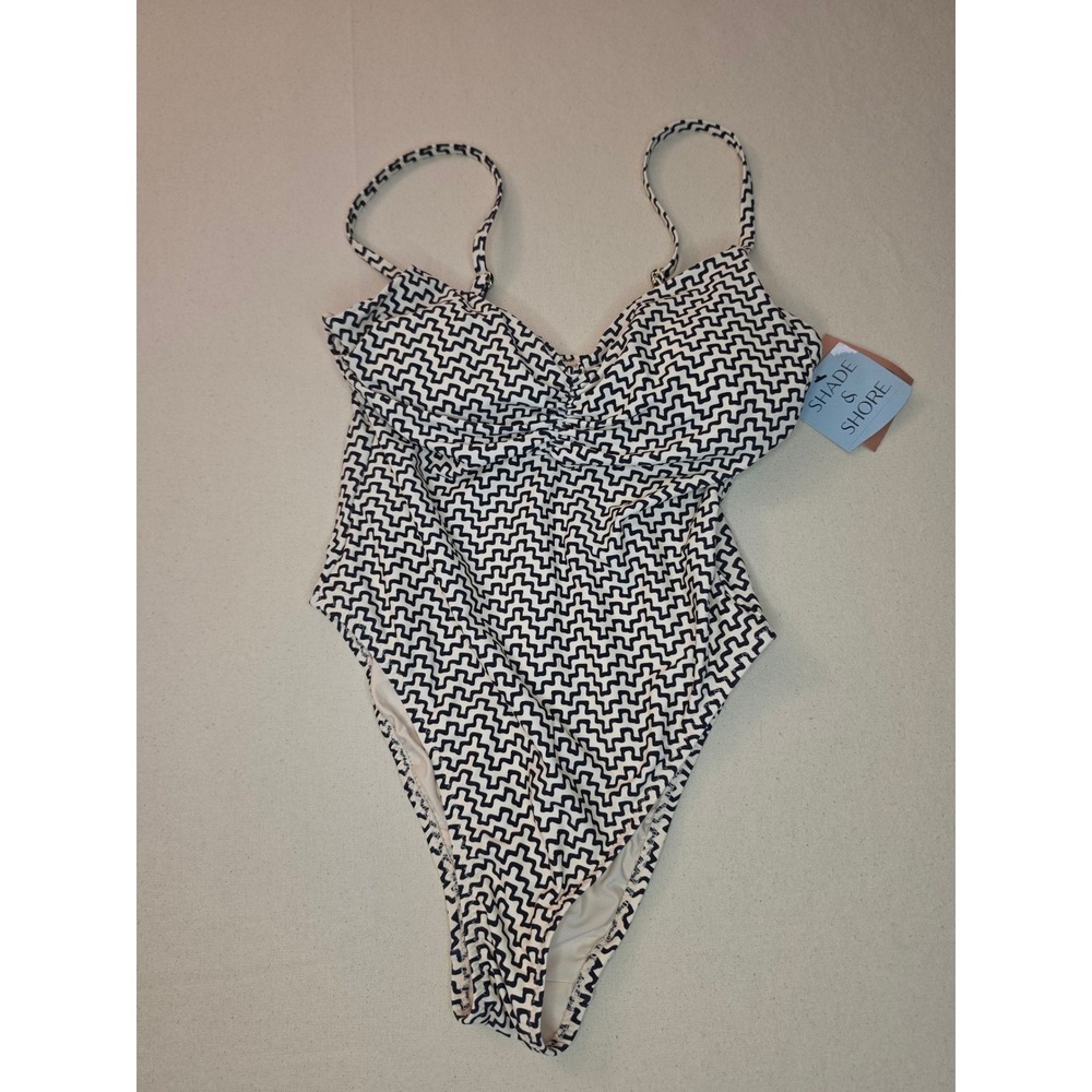 Shade & Shore Geo Print V-Neck One Piece Swimsuit Black/White Large NWT